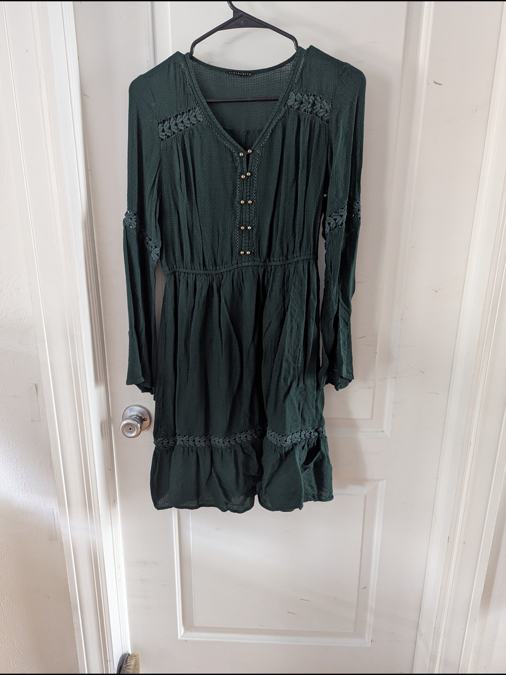 Dark Green Long-Sleeve Peasant Dress with Button Front